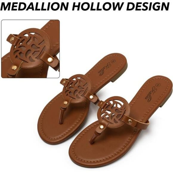 Katliu Womens Flat Thong Sandals Comfy Slip On Faux Leather Summer Shoes - Picture 2 of 7